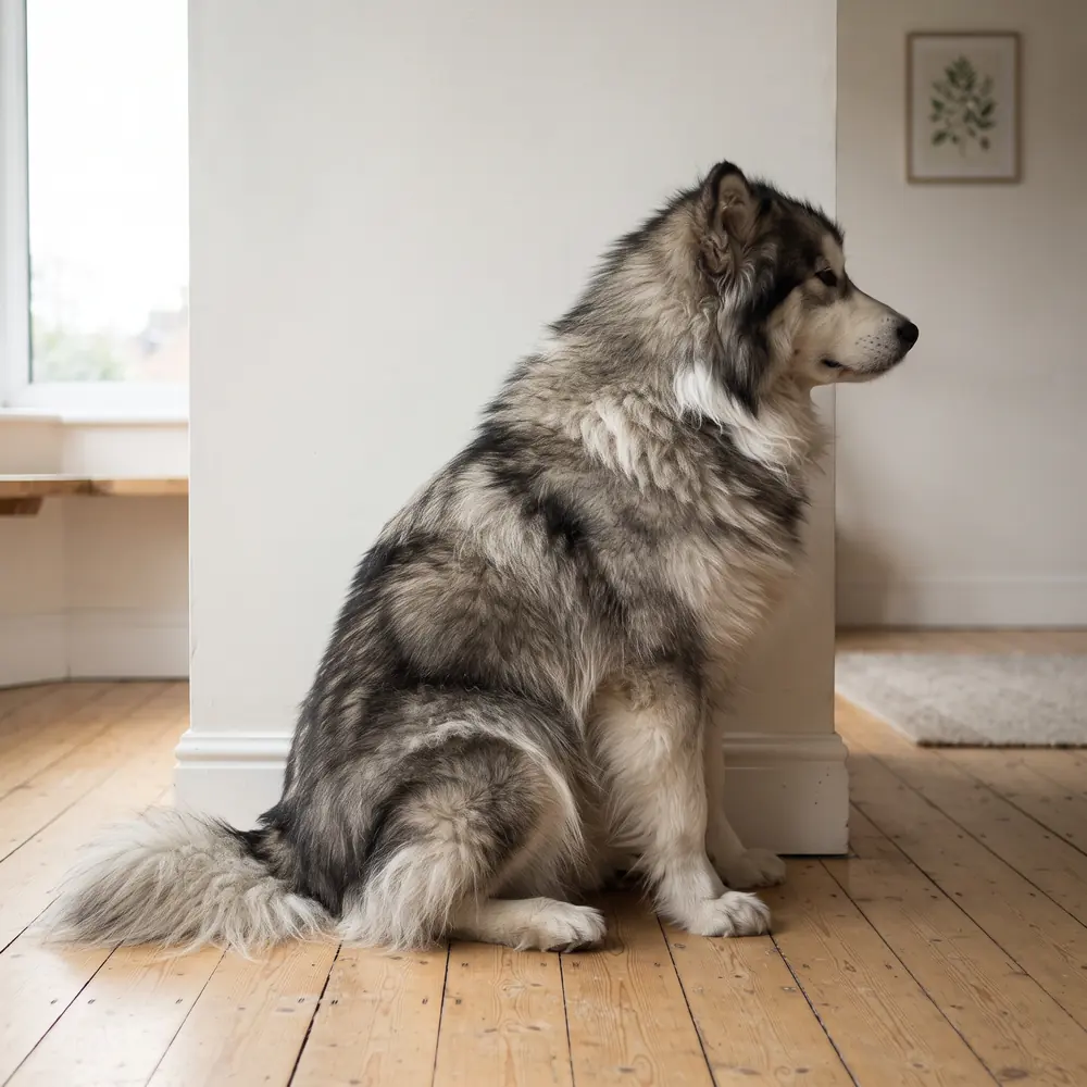 Illustration of a Alaskan Malamute: the coat between grooms. Not a photograph of a puppy for sale.