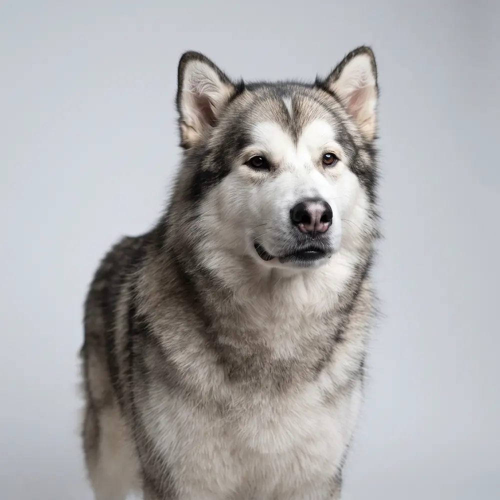 Illustration of a Alaskan Malamute: head, ears and muzzle up close. Not a photograph of a puppy for sale.