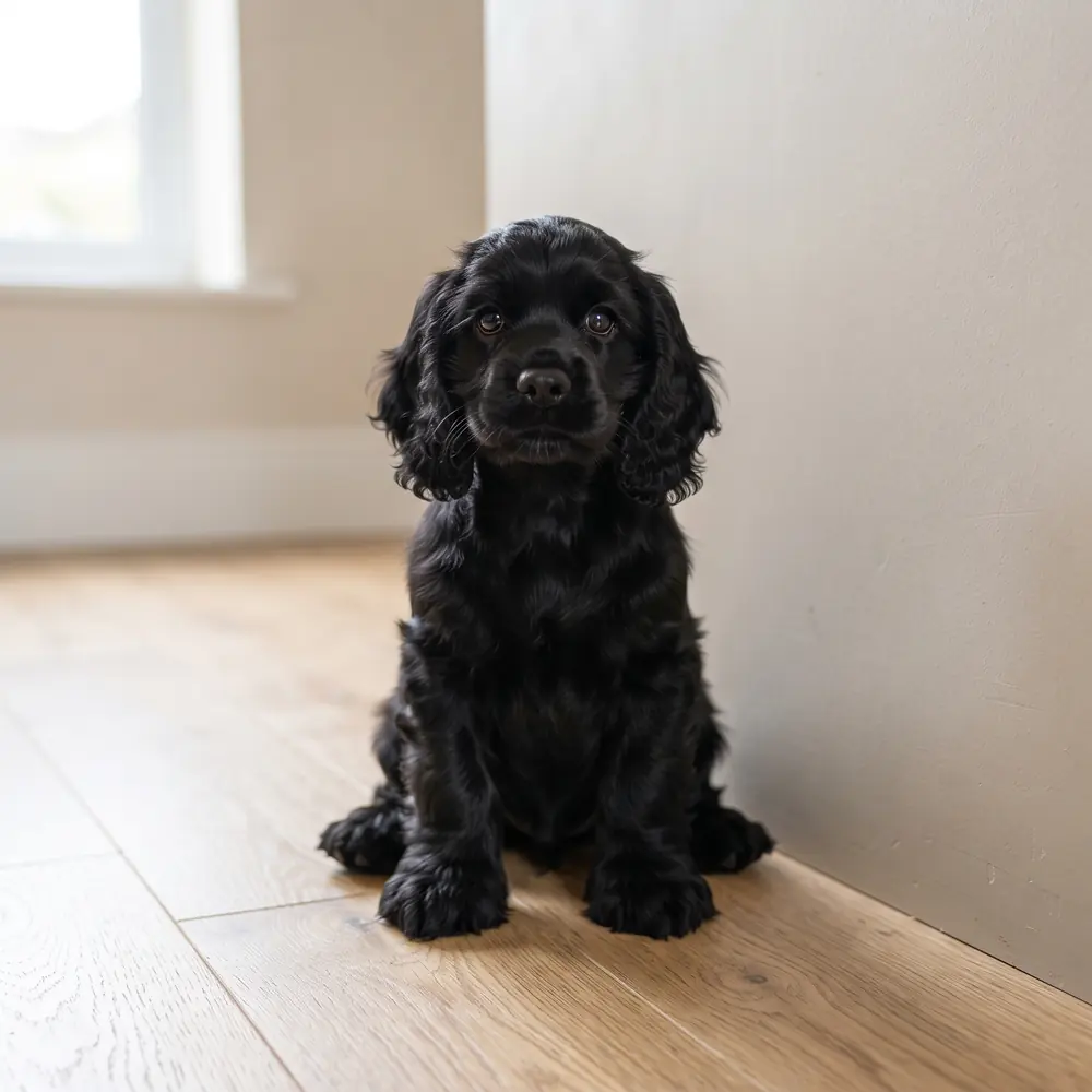 Illustration of a American Cocker Spaniel: black coat. Not a photograph of a puppy for sale.