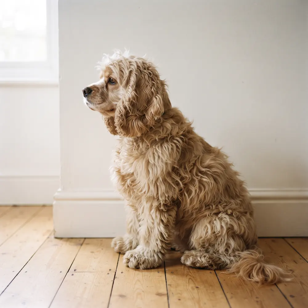 Illustration of a American Cocker Spaniel: the coat between grooms. Not a photograph of a puppy for sale.
