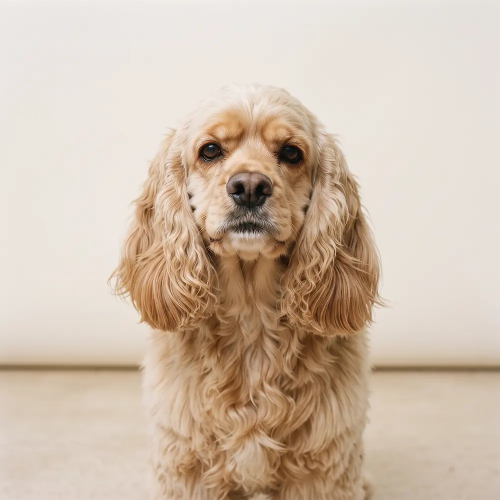 Illustration of a American Cocker Spaniel: head, ears and muzzle up close. Not a photograph of a puppy for sale.