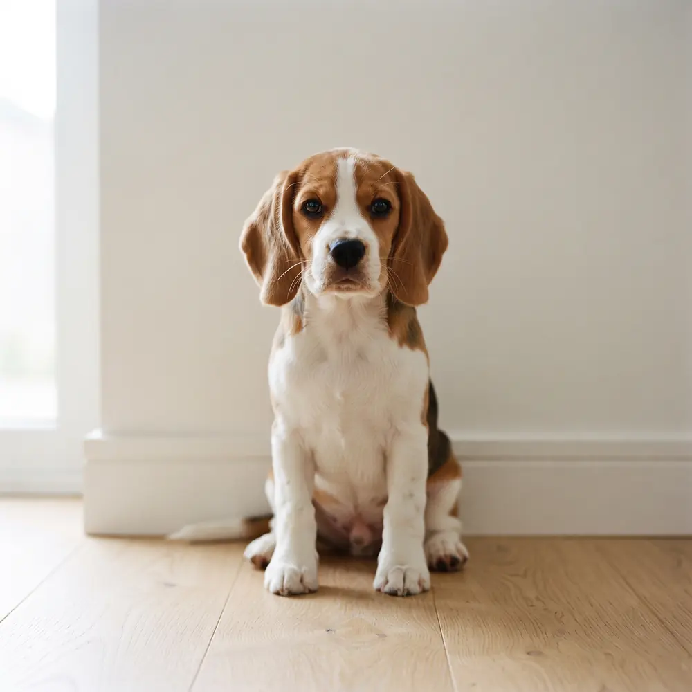 Illustration of a Beagle: red & white coat. Not a photograph of a puppy for sale.