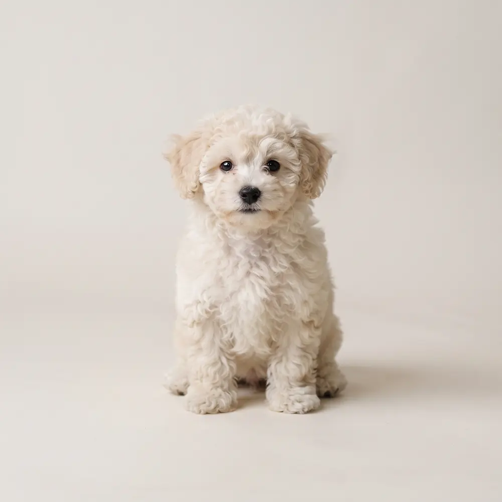 Illustration of a Bichon Frise: cream white coat. Not a photograph of a puppy for sale.