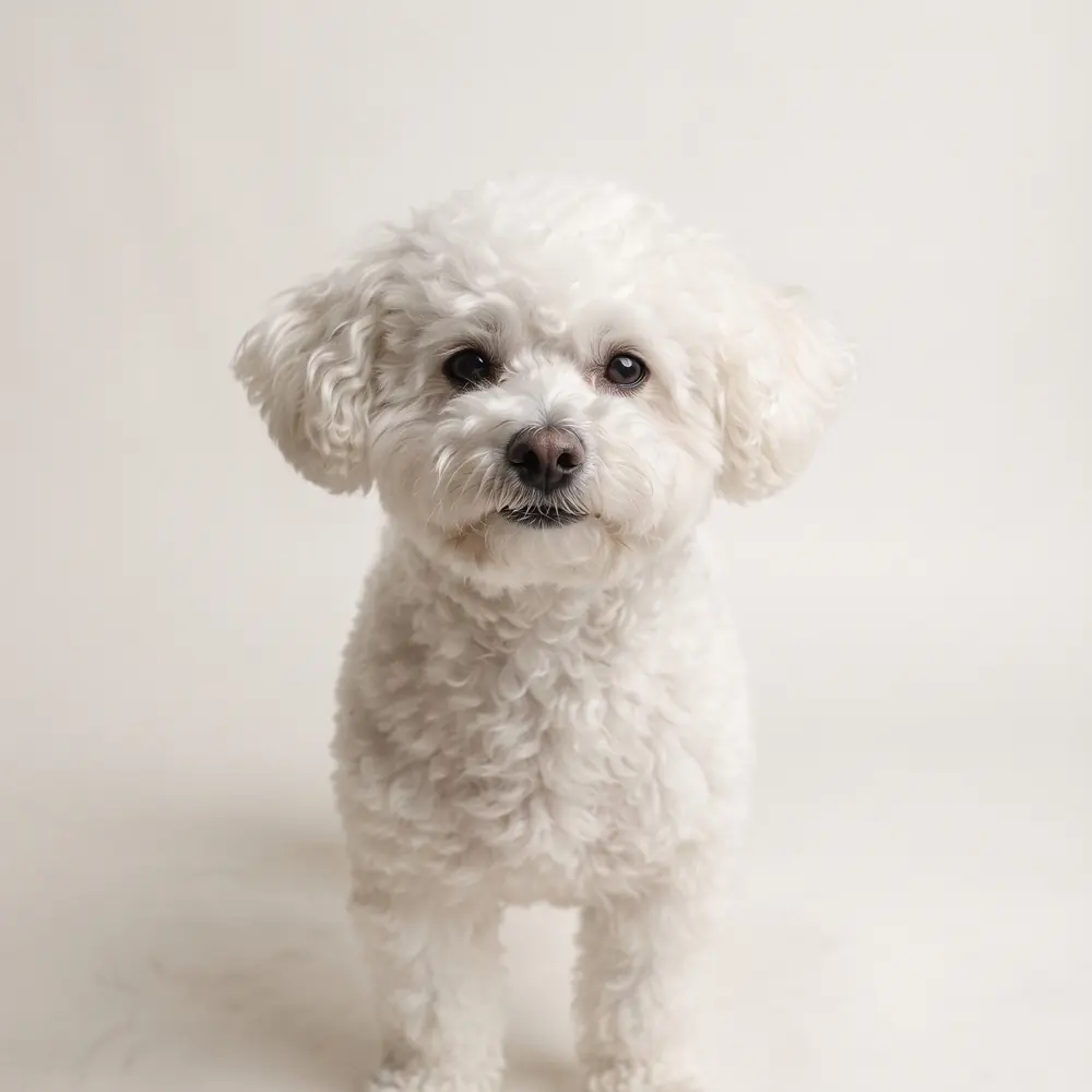 Illustration of a Bichon Frise: head, ears and muzzle up close. Not a photograph of a puppy for sale.