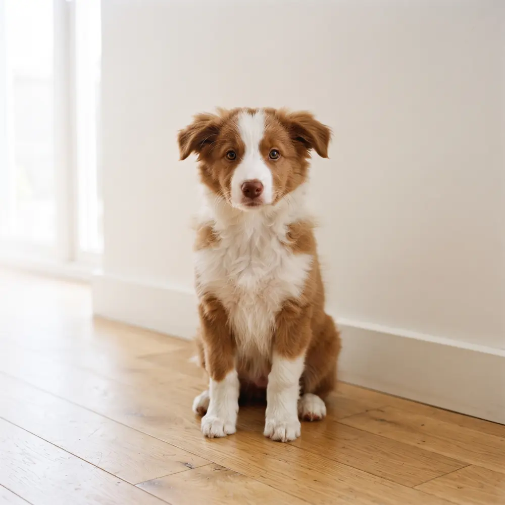 Illustration of a Border Collie: red & white coat. Not a photograph of a puppy for sale.