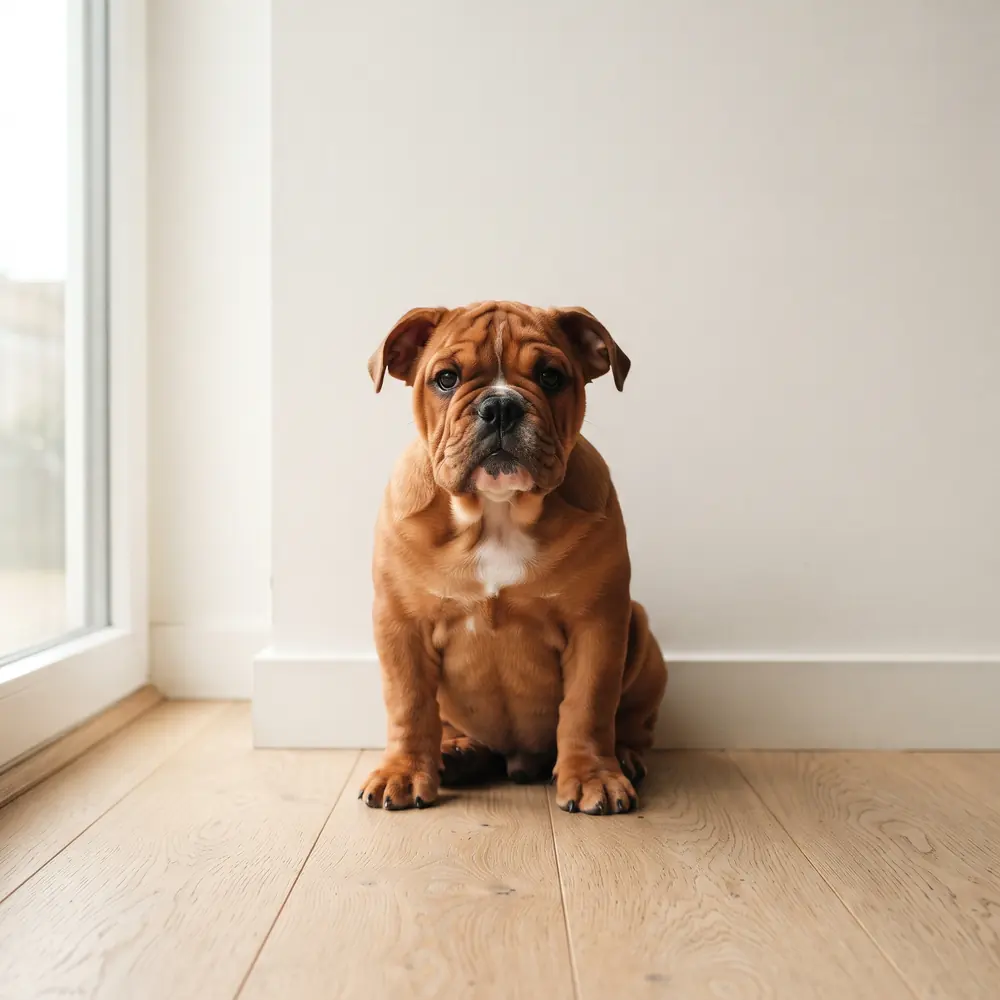 Illustration of a British Bulldog: red coat. Not a photograph of a puppy for sale.