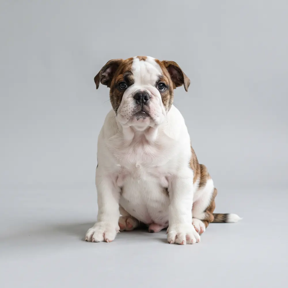 Illustration of a British Bulldog: pied coat. Not a photograph of a puppy for sale.