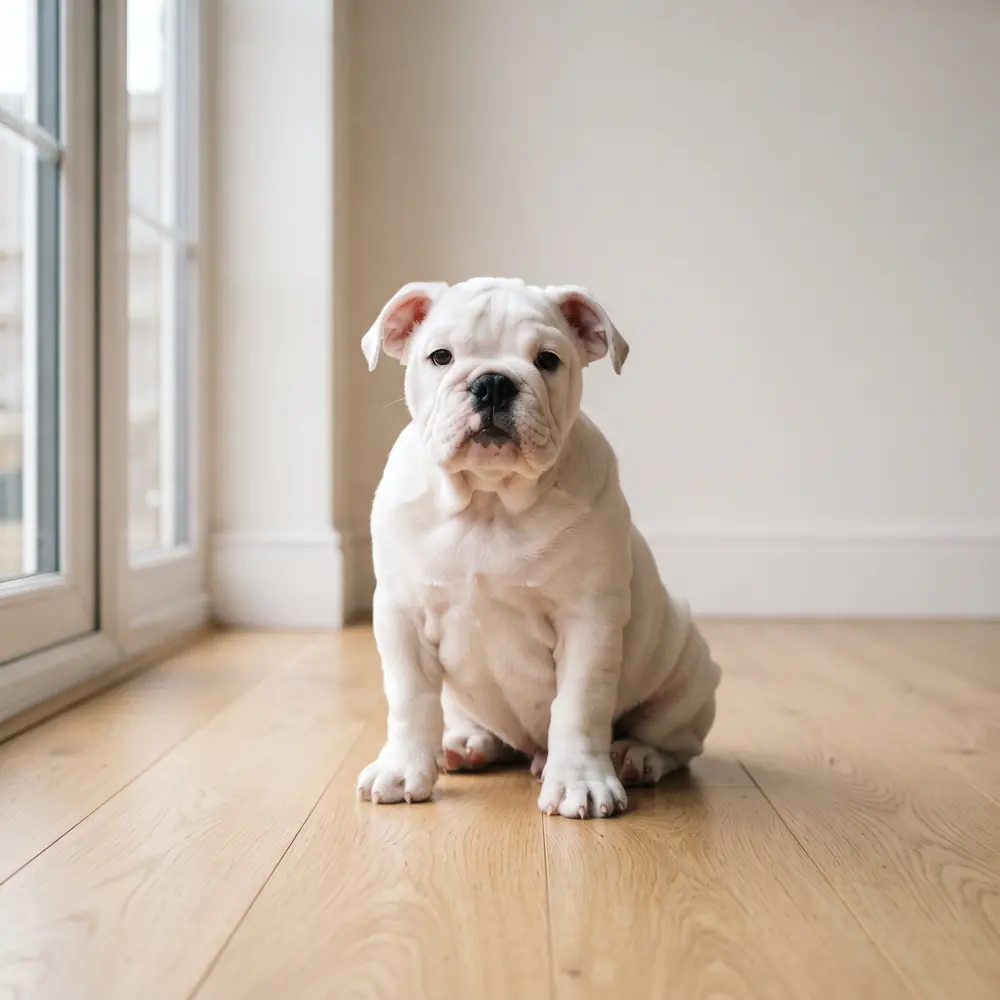 Illustration of a British Bulldog: white coat. Not a photograph of a puppy for sale.