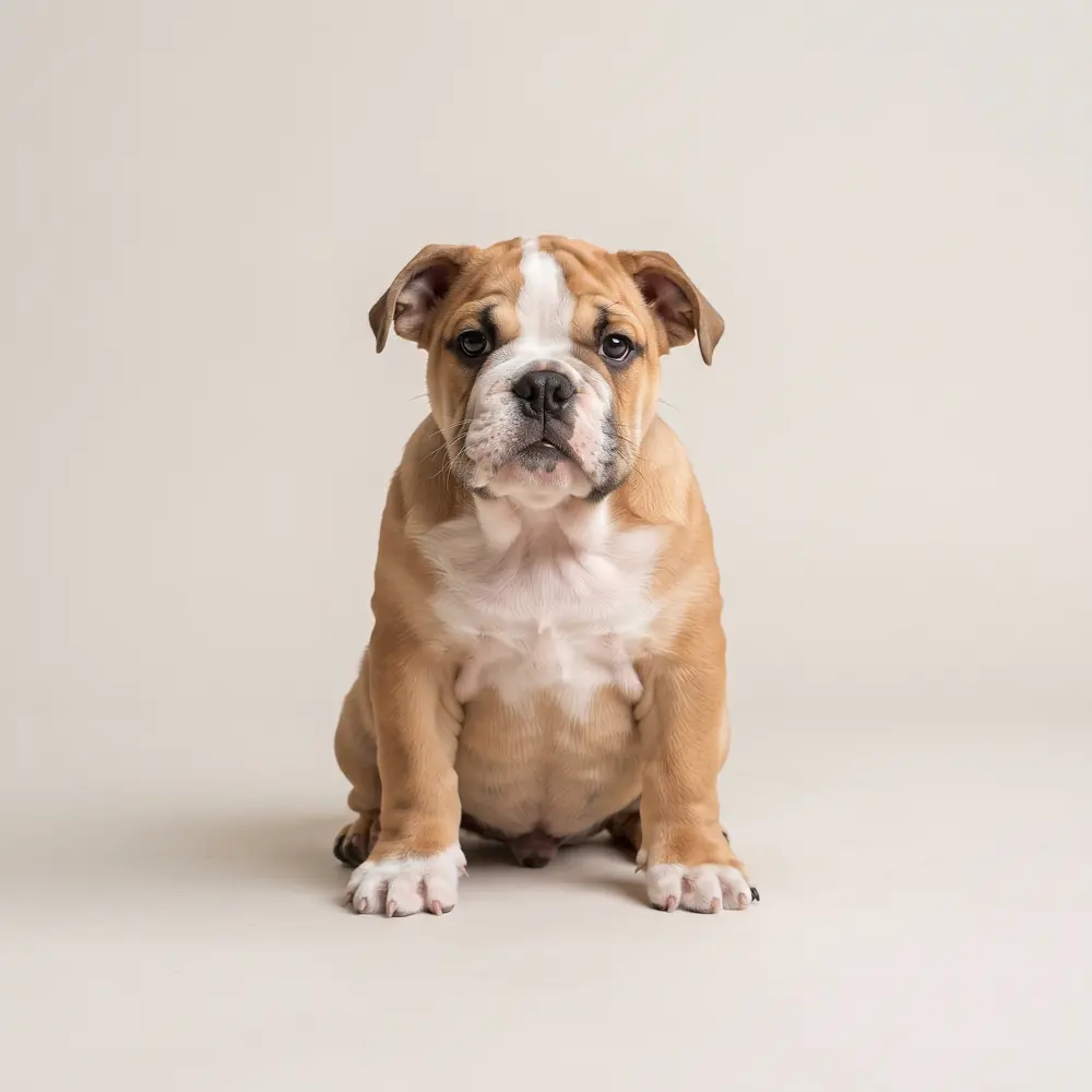 Illustration of a British Bulldog: fawn & white coat. Not a photograph of a puppy for sale.