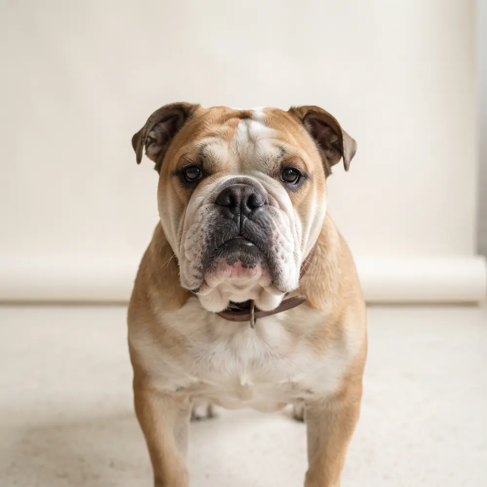 Illustration of a British Bulldog: head, ears and muzzle up close. Not a photograph of a puppy for sale.