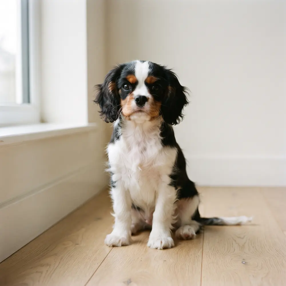 Illustration of a Cavalier King Charles Spaniel: tri-colour coat. Not a photograph of a puppy for sale.