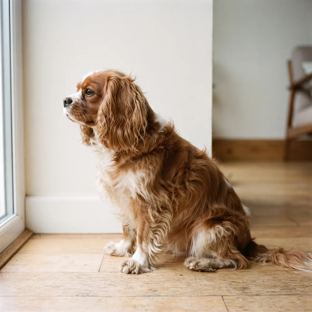 Illustration of a Cavalier King Charles Spaniel: the coat between grooms. Not a photograph of a puppy for sale.