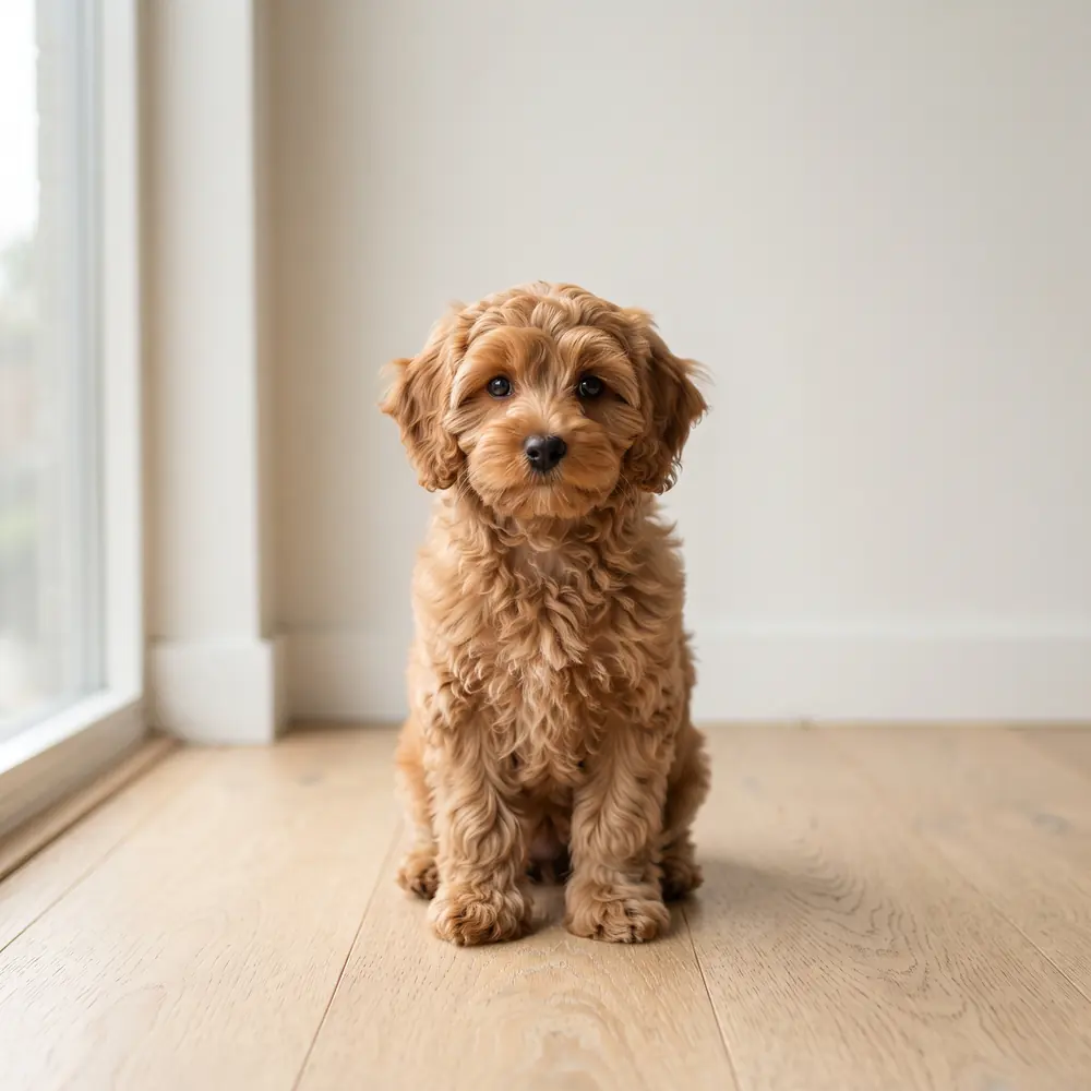 Illustration of a Cavapoo: apricot coat. Not a photograph of a puppy for sale.