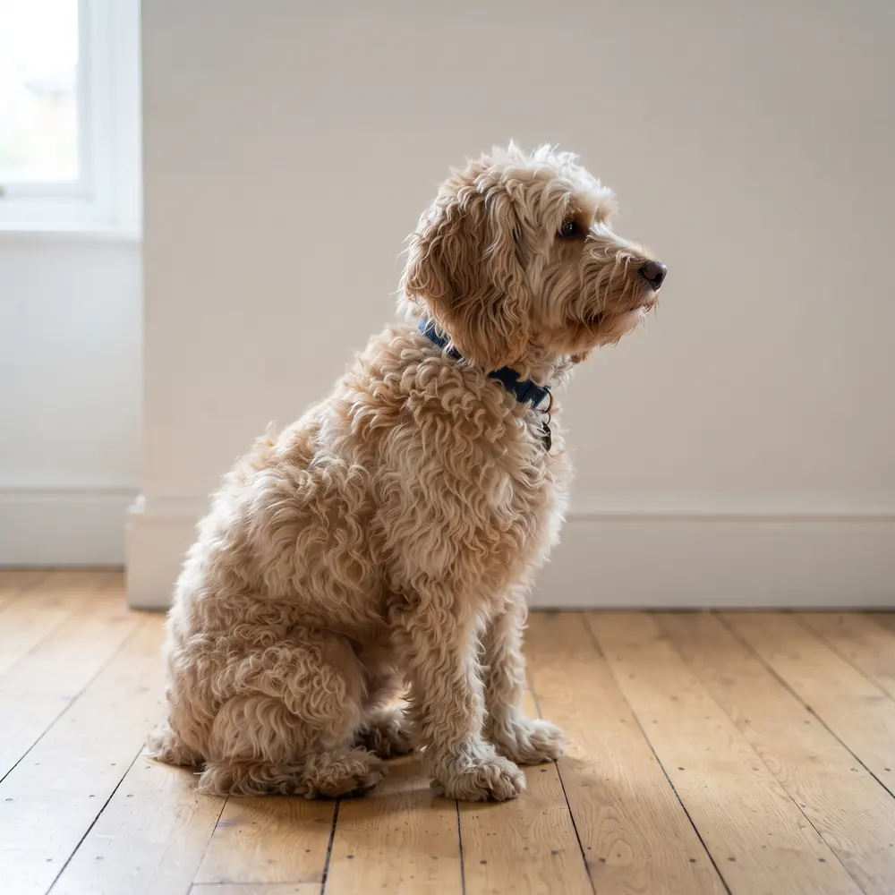 Illustration of a Cockapoo: the coat between grooms. Not a photograph of a puppy for sale.