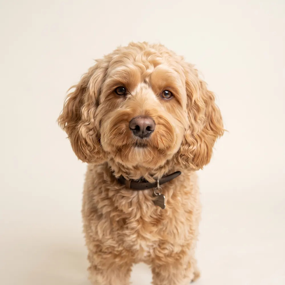 Illustration of a Cockapoo: head, ears and muzzle up close. Not a photograph of a puppy for sale.
