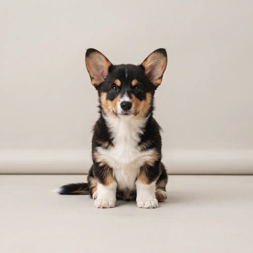 Illustration of a Corgi: black-headed tri coat. Not a photograph of a puppy for sale.