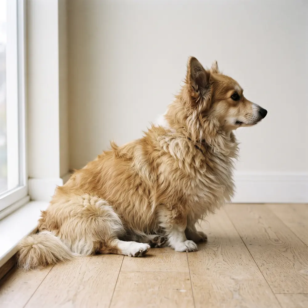 Illustration of a Corgi: the coat between grooms. Not a photograph of a puppy for sale.