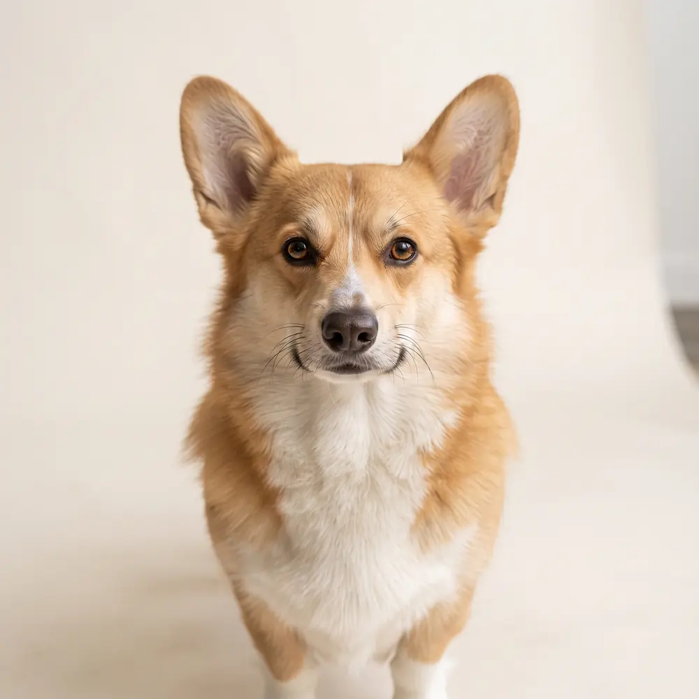 Illustration of a Corgi: head, ears and muzzle up close. Not a photograph of a puppy for sale.