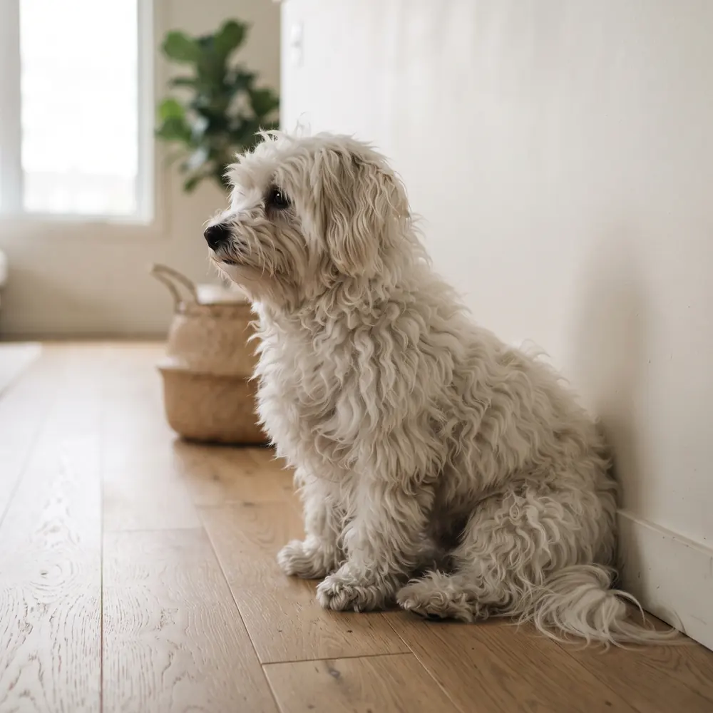 Illustration of a Coton de Tulear: the coat between grooms. Not a photograph of a puppy for sale.