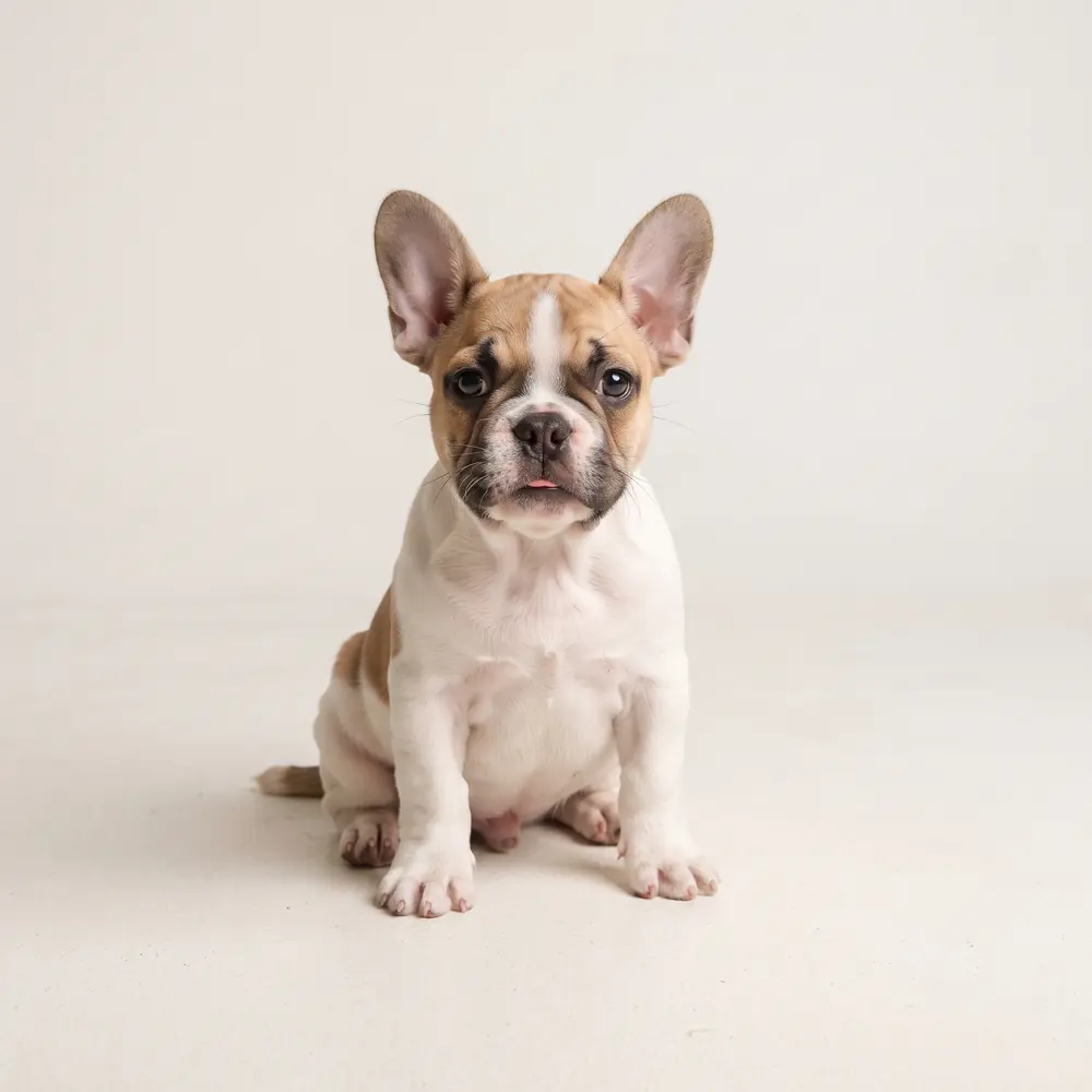 Illustration of a French Bulldog: fawn & white coat. Not a photograph of a puppy for sale.