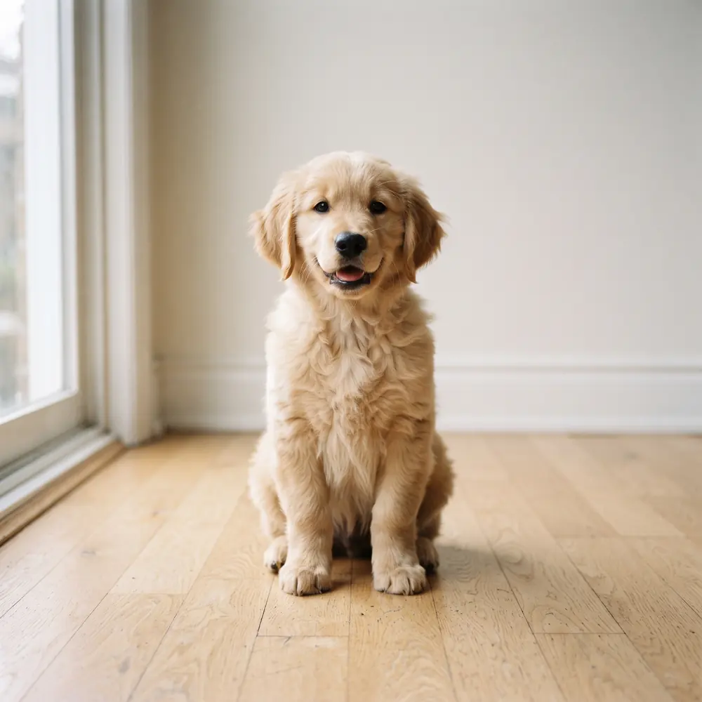 Illustration of a Golden Retriever: light golden coat. Not a photograph of a puppy for sale.