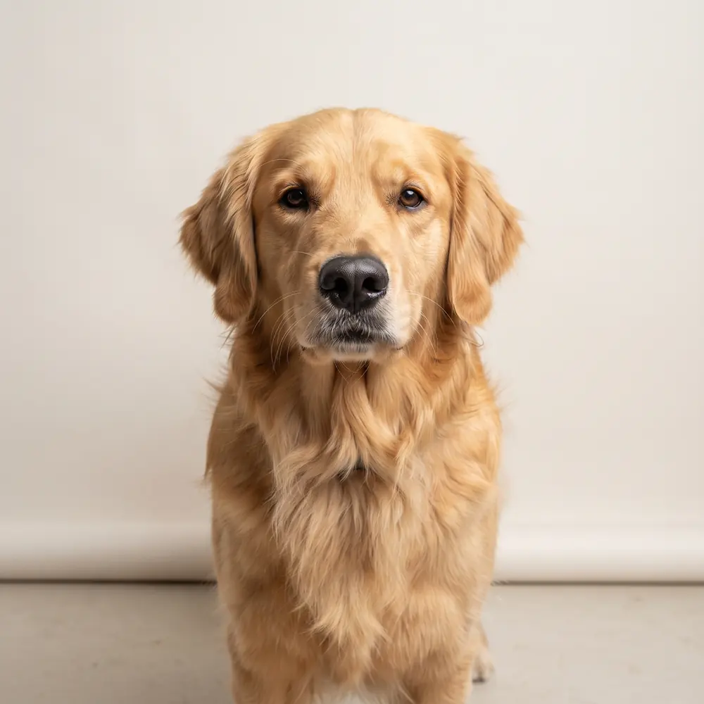 Illustration of a Golden Retriever: head, ears and muzzle up close. Not a photograph of a puppy for sale.