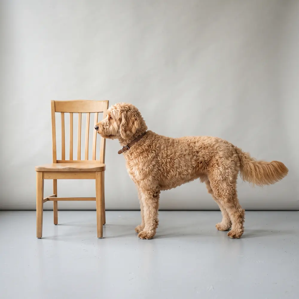 Illustration of a Goldendoodle: grown, about 15–30 kg. Not a photograph of a puppy for sale.