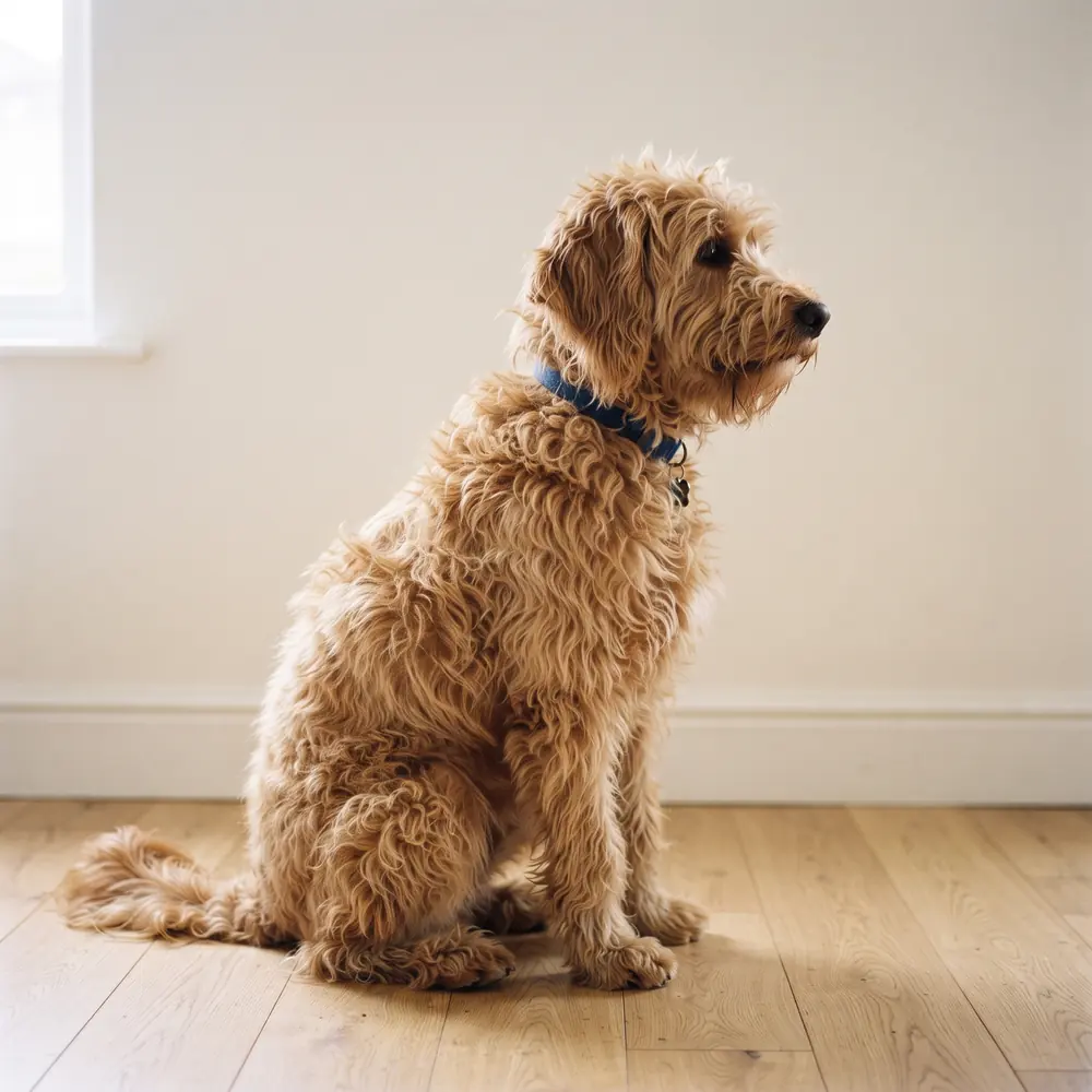 Illustration of a Goldendoodle: the coat between grooms. Not a photograph of a puppy for sale.