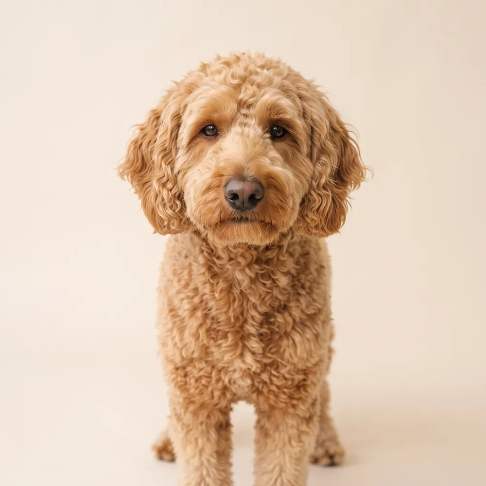 Illustration of a Goldendoodle: head, ears and muzzle up close. Not a photograph of a puppy for sale.