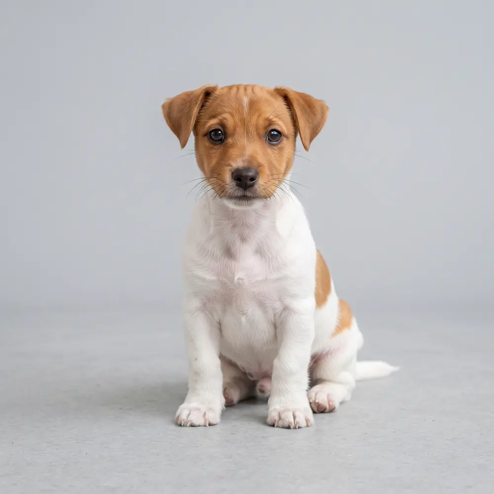Illustration of a Jack Russell Terrier: tan & white coat. Not a photograph of a puppy for sale.