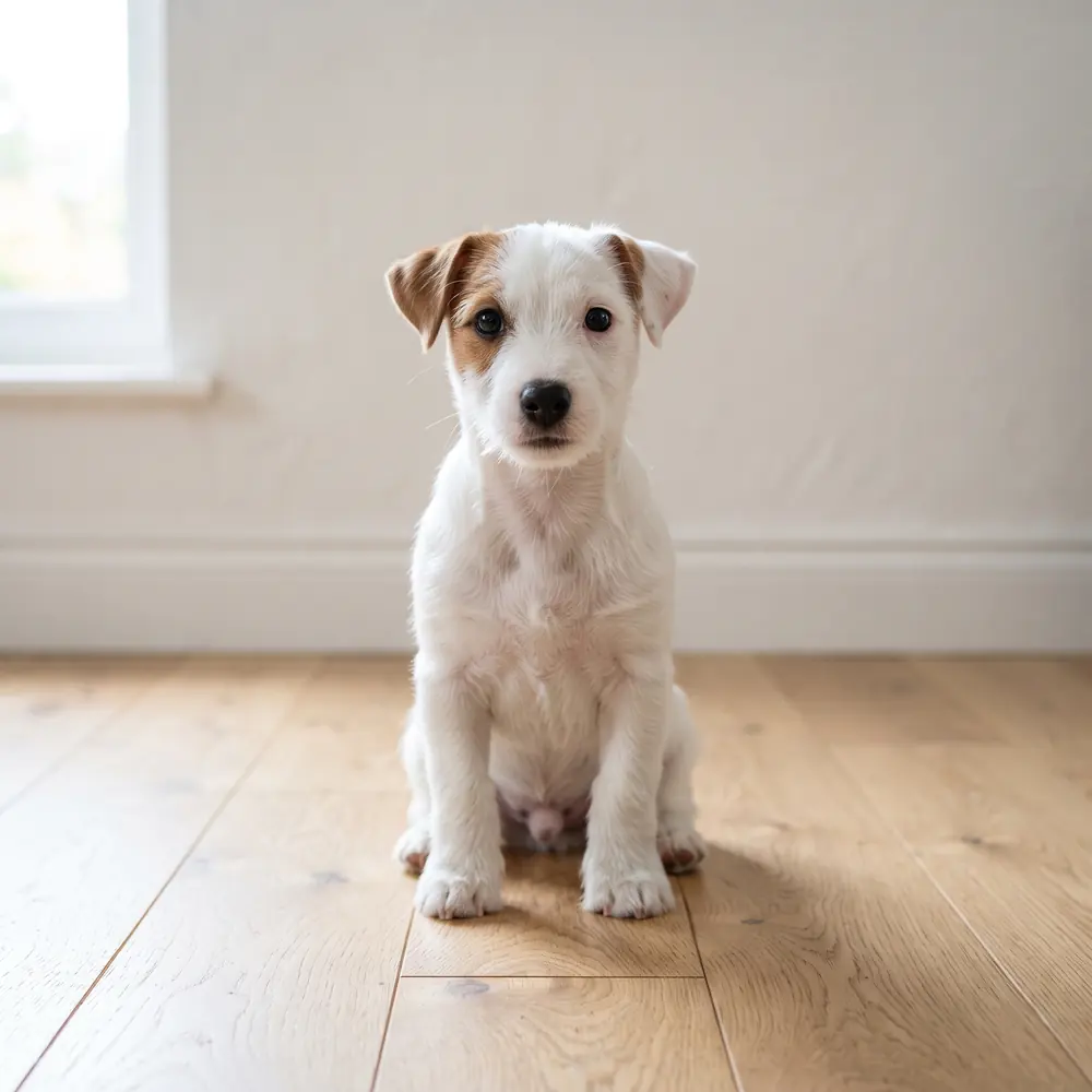 Illustration of a Jack Russell Terrier: white coat. Not a photograph of a puppy for sale.