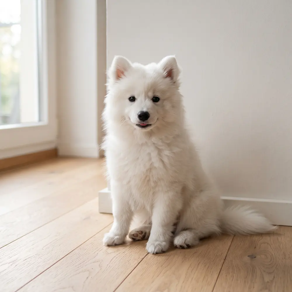 Illustration of a Japanese Spitz: snow white coat. Not a photograph of a puppy for sale.