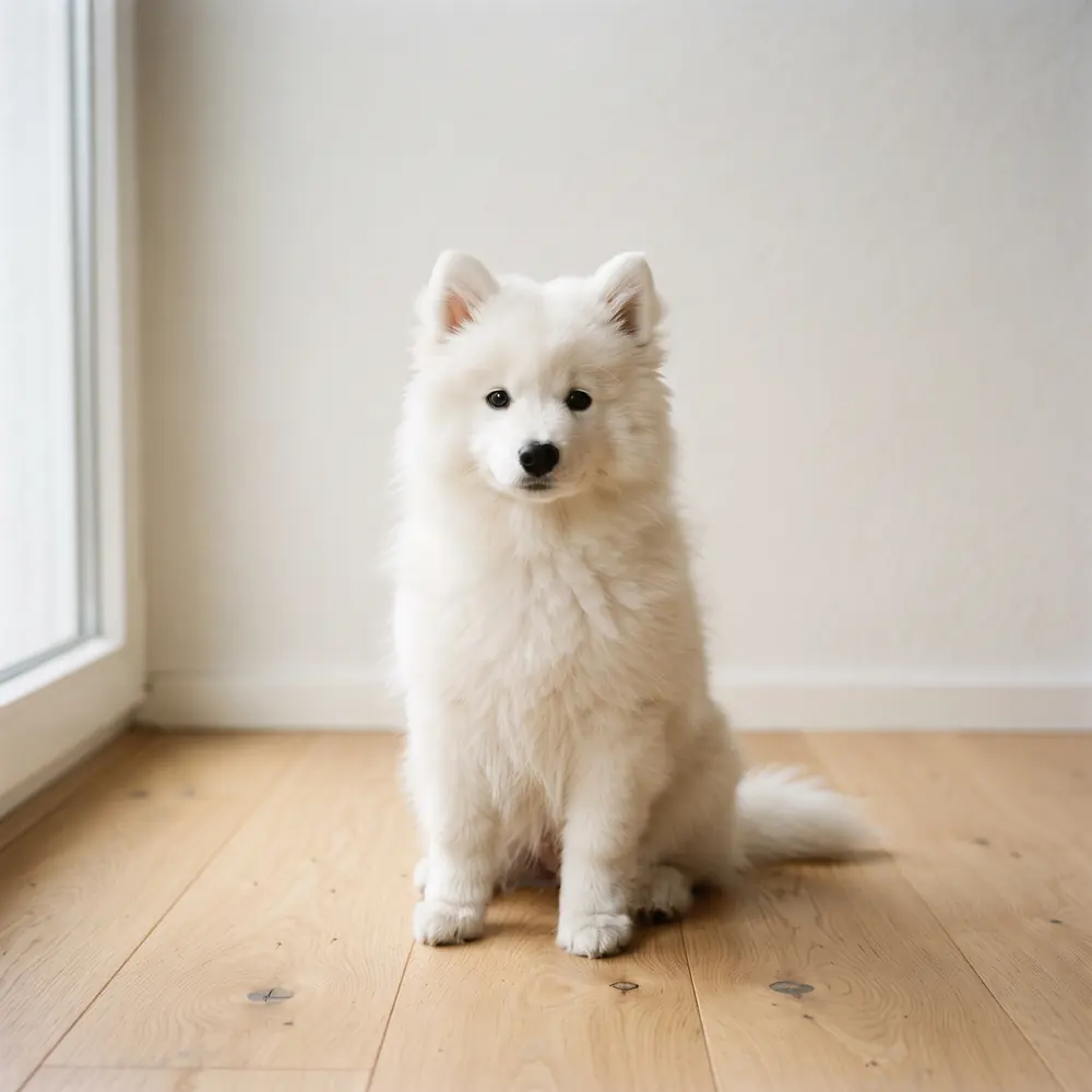 Illustration of a Japanese Spitz: fluffy white coat. Not a photograph of a puppy for sale.
