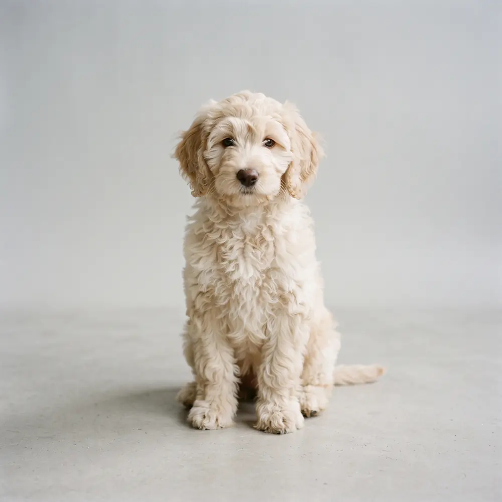 Illustration of a Labradoodle: cream coat. Not a photograph of a puppy for sale.