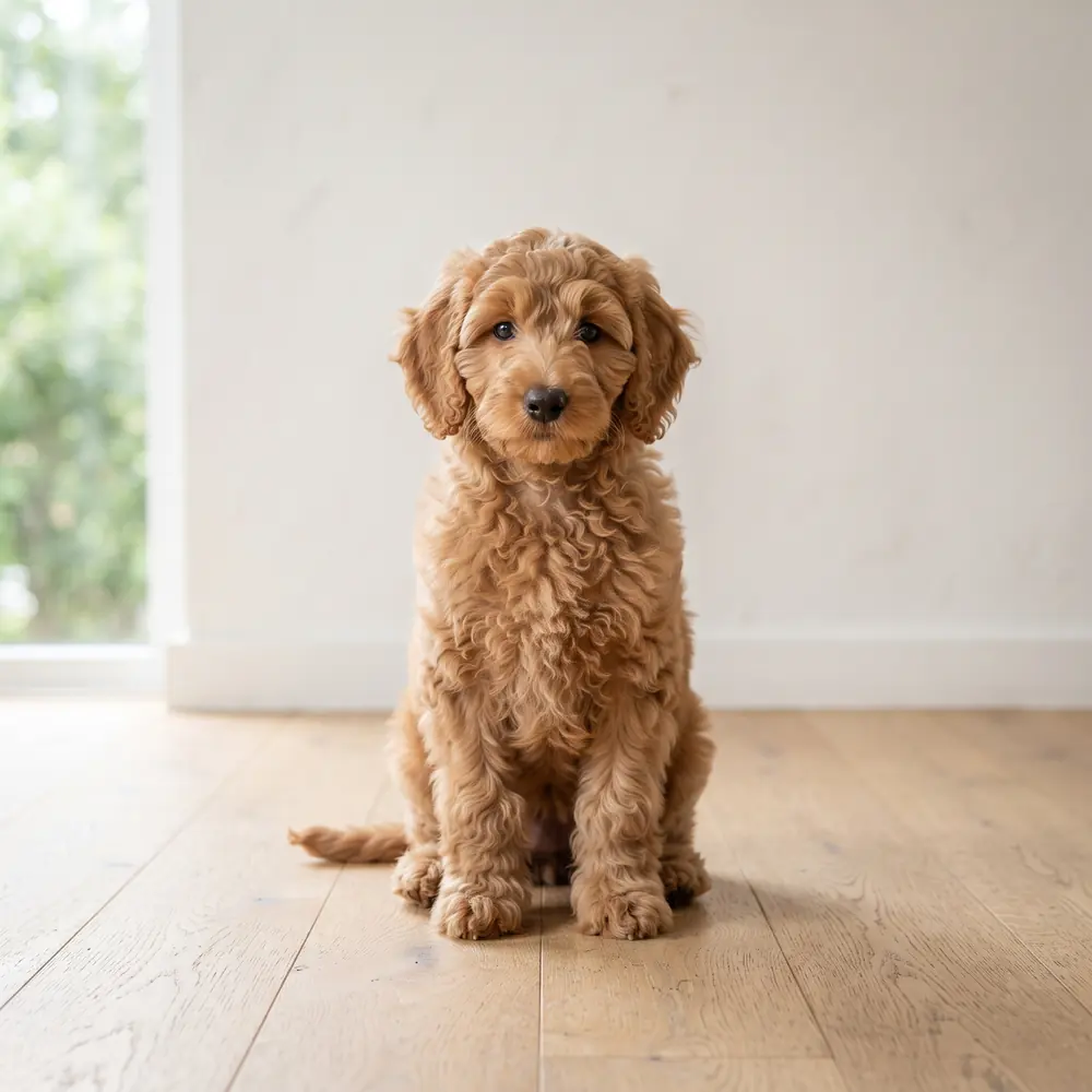 Illustration of a Labradoodle: apricot coat. Not a photograph of a puppy for sale.
