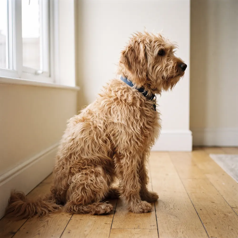 Illustration of a Labradoodle: the coat between grooms. Not a photograph of a puppy for sale.