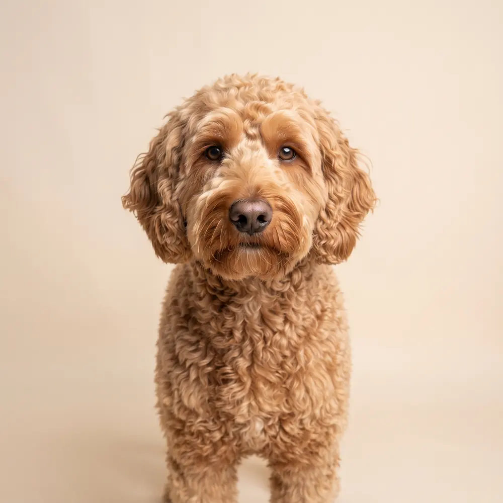 Illustration of a Labradoodle: head, ears and muzzle up close. Not a photograph of a puppy for sale.