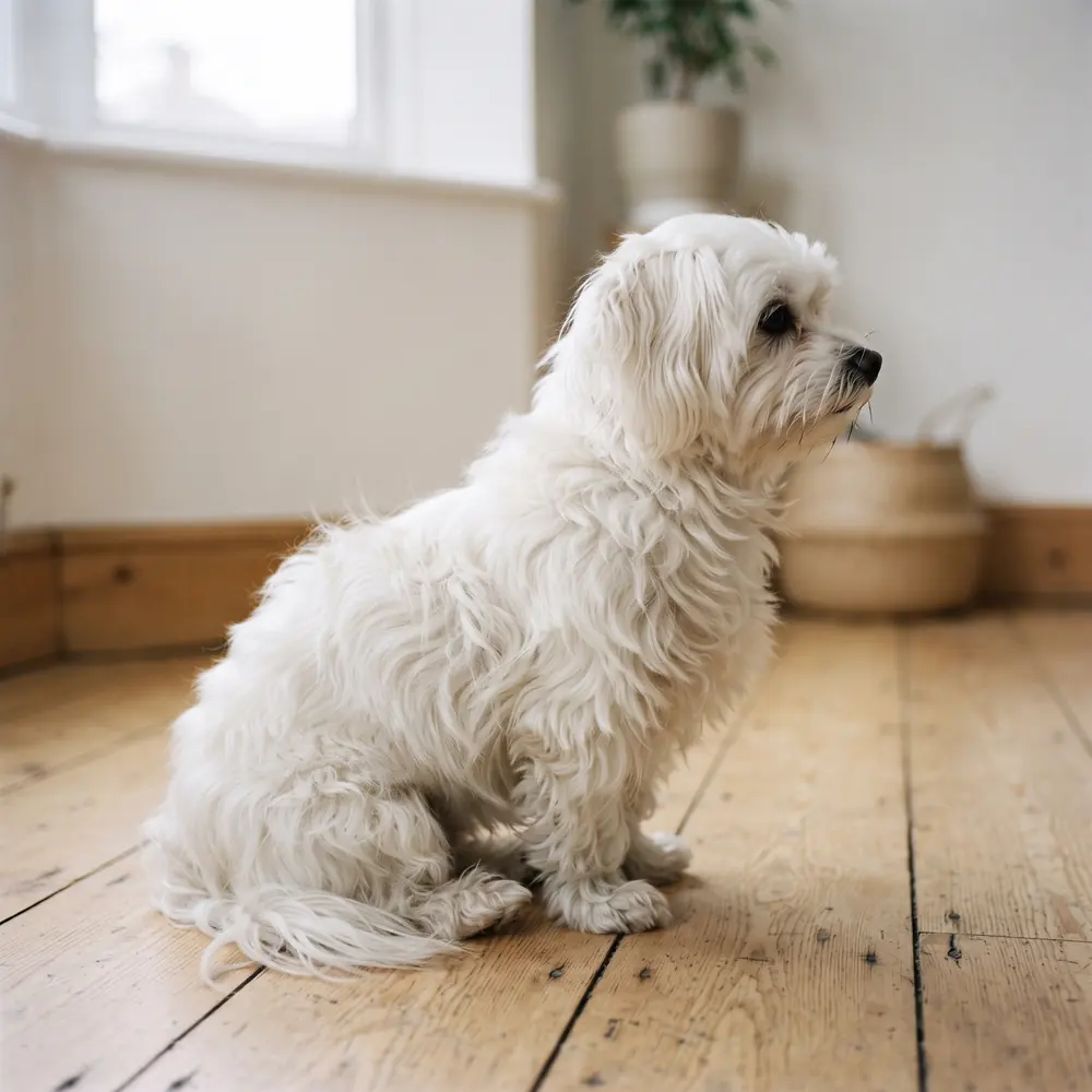 Illustration of a Maltese: the coat between grooms. Not a photograph of a puppy for sale.