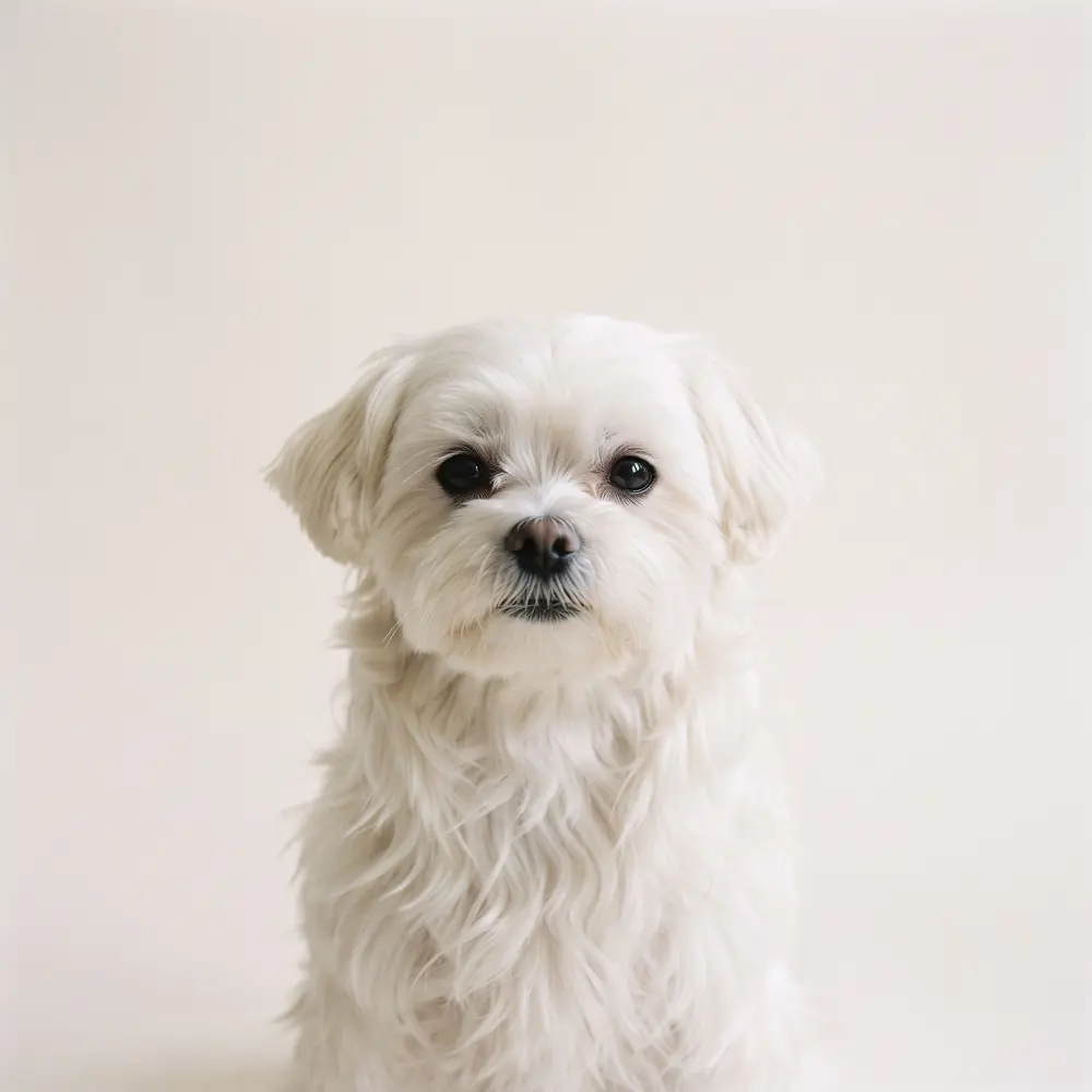 Illustration of a Maltese: head, ears and muzzle up close. Not a photograph of a puppy for sale.