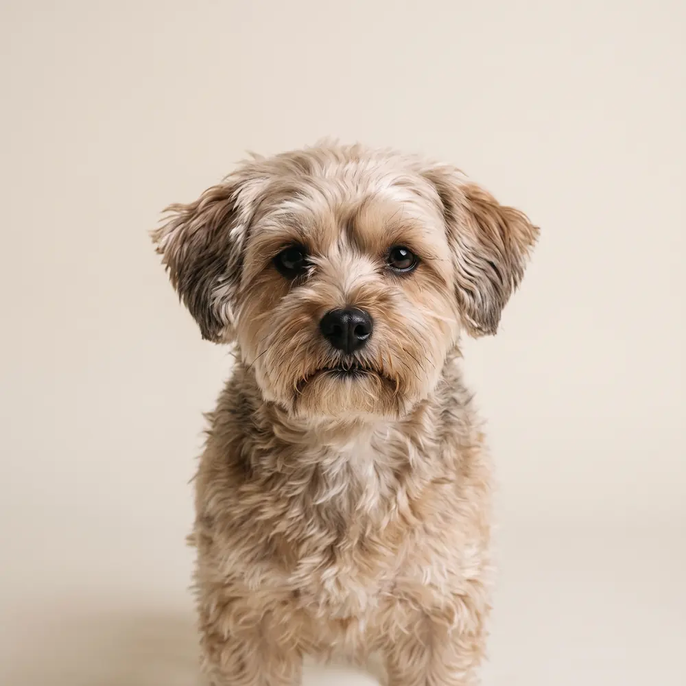 Illustration of a Morkie: head, ears and muzzle up close. Not a photograph of a puppy for sale.