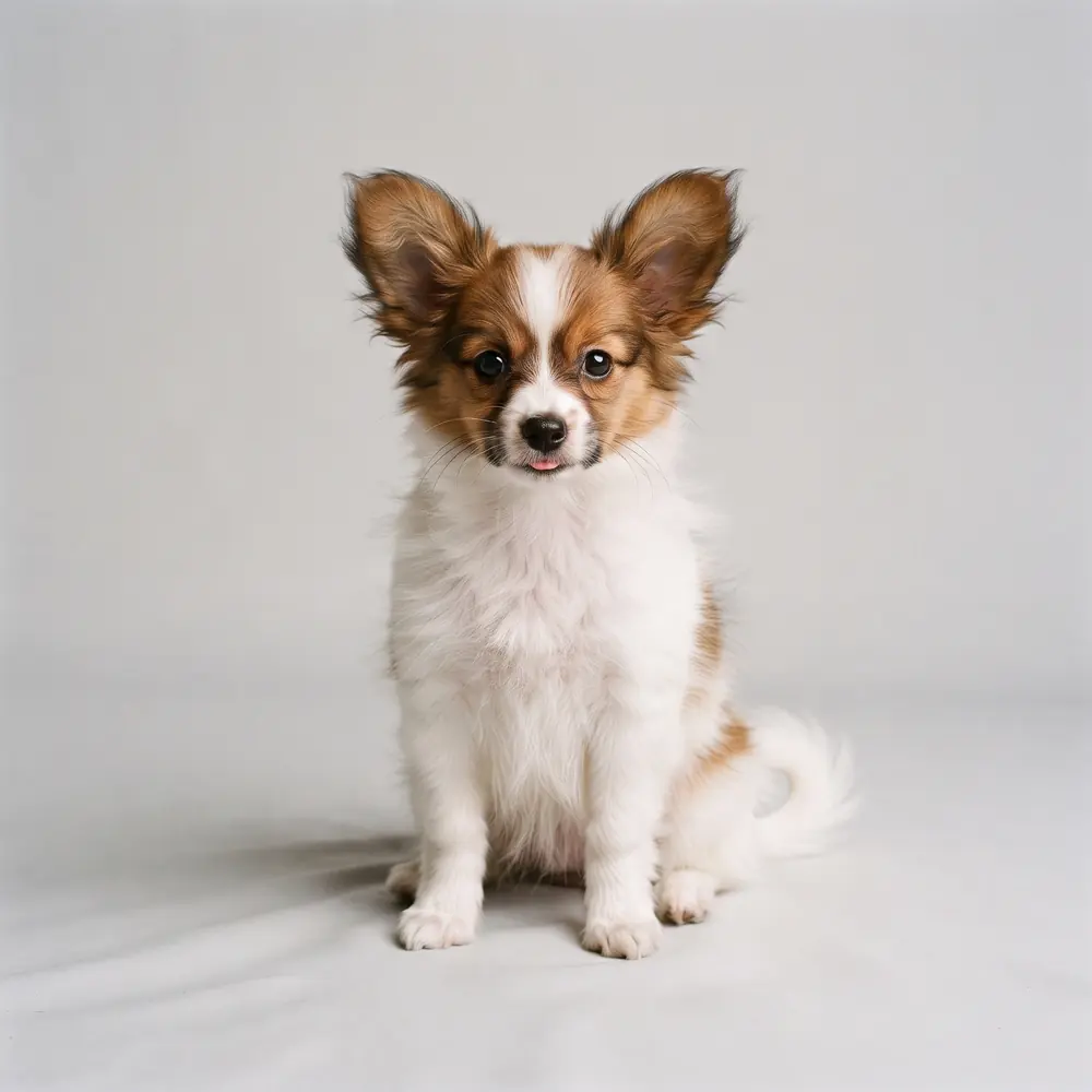 Illustration of a Papillon: white & sable coat. Not a photograph of a puppy for sale.