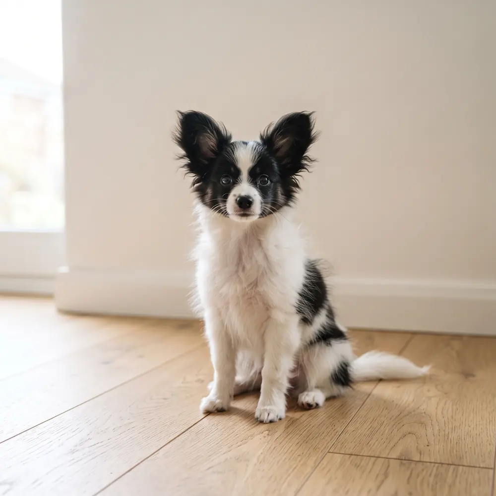 Illustration of a Papillon: white & black coat. Not a photograph of a puppy for sale.
