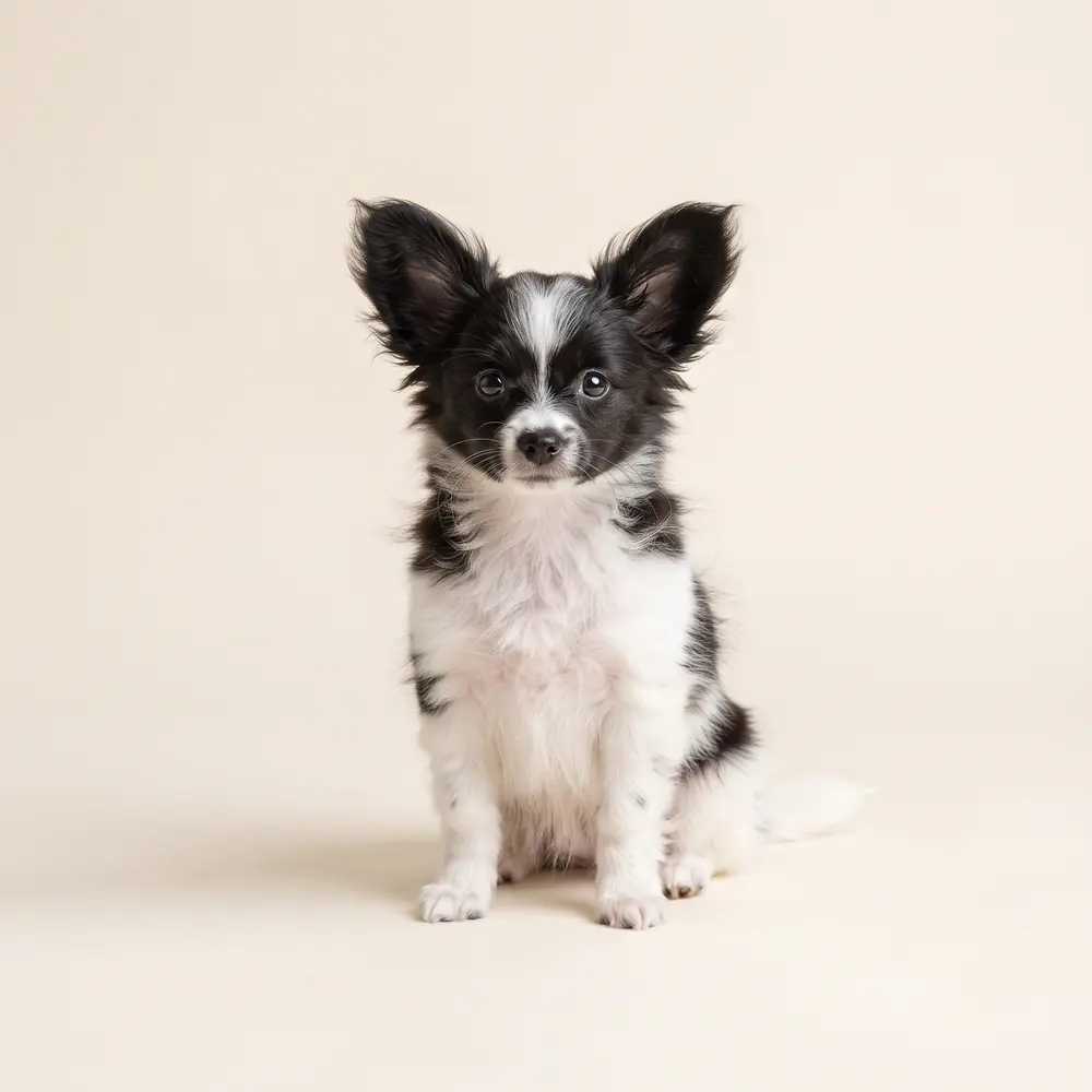 Illustration of a Papillon: black & white coat. Not a photograph of a puppy for sale.