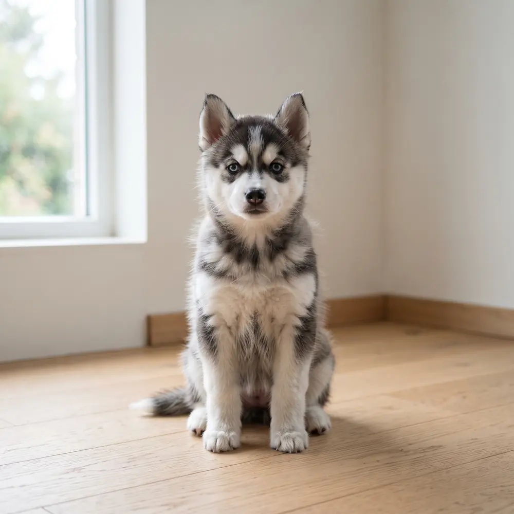 Illustration of a Pomsky: the breed standard colour coat. Not a photograph of a puppy for sale.
