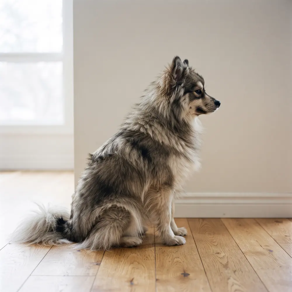 Illustration of a Pomsky: the coat between grooms. Not a photograph of a puppy for sale.