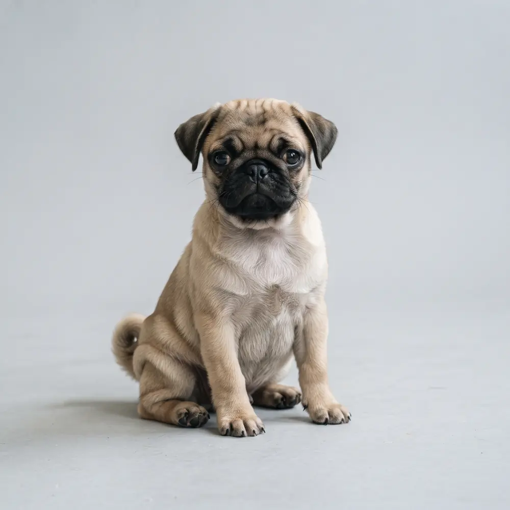Illustration of a Pug: fawn coat. Not a photograph of a puppy for sale.