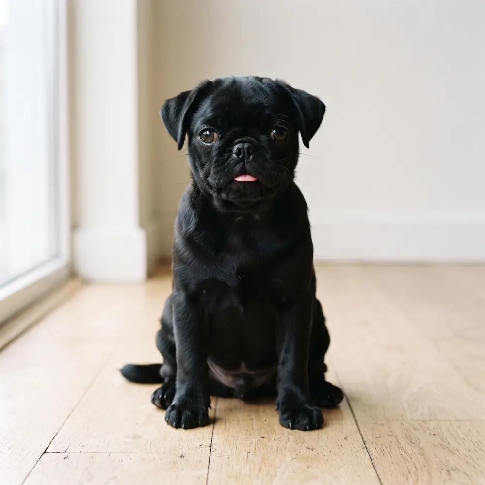 Illustration of a Pug: black coat. Not a photograph of a puppy for sale.