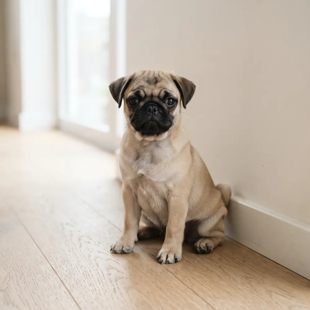 Illustration of a Pug: fawn coat. Not a photograph of a puppy for sale.