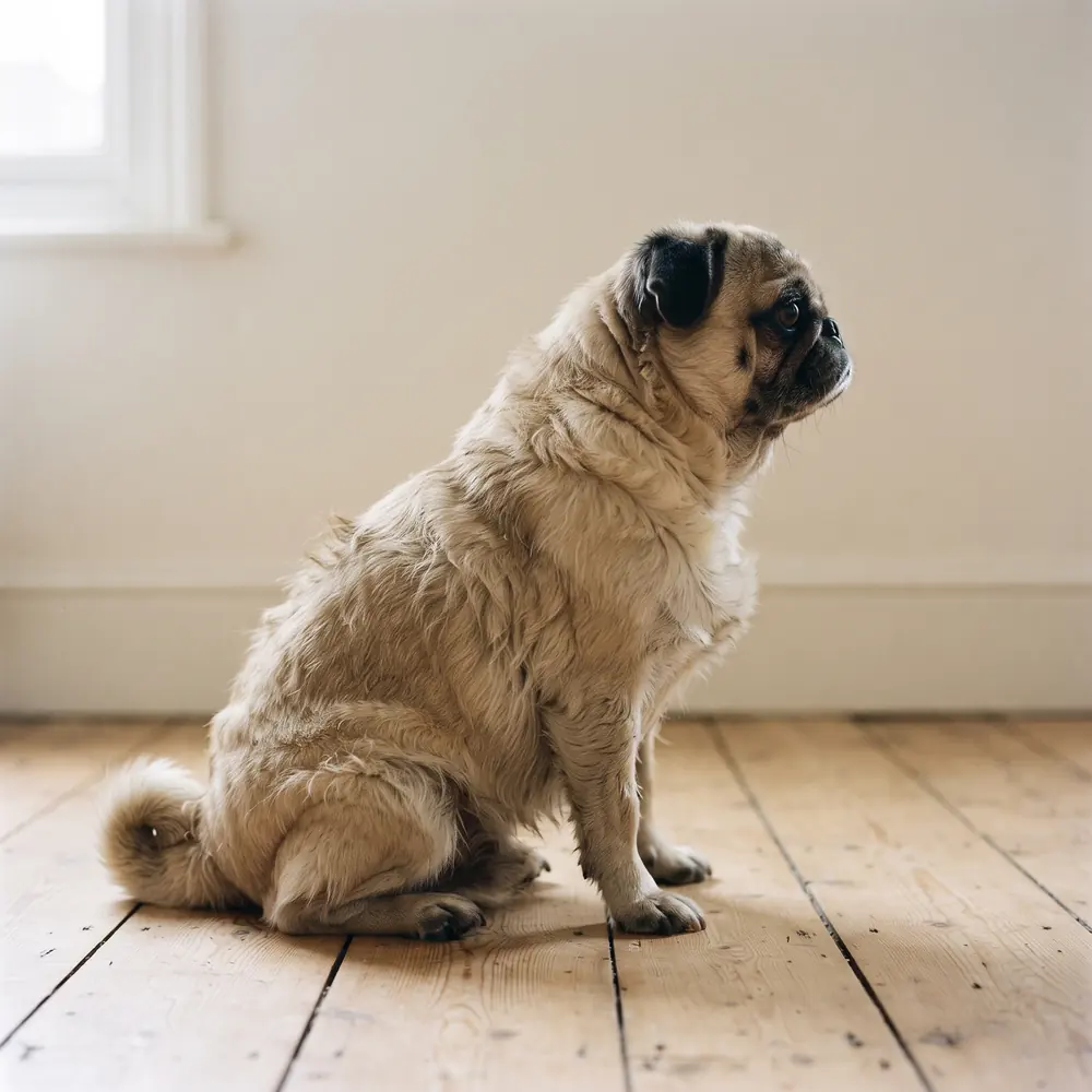 Illustration of a Pug: the coat between grooms. Not a photograph of a puppy for sale.