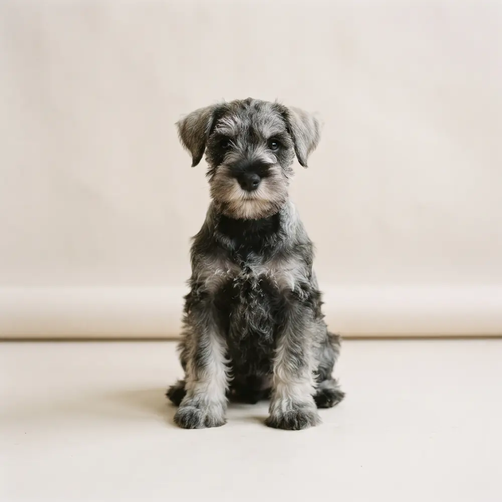 Illustration of a Miniature Schnauzer: salt & pepper coat. Not a photograph of a puppy for sale.